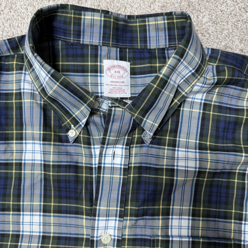 Brooks Brothers Button Down Blue Green Mens XXL Plaid Excellent Condition
